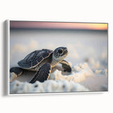 Framed canvas wall art featuring a vibrant marine turtle design, showcasing intricate details in shades of blue and green against a white background, perfect for ocean-themed decor.