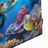 Close-up of a vibrant marine life wall art piece featuring a detailed turtle design, printed on high-quality acrylic glass, showcasing vivid colors and intricate textures. Perfect for ocean-themed decor, this artwork adds a touch of nature to any space.