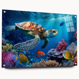 Acrylic wall art featuring a vibrant marine life turtle design, displayed from a side view with pins. Perfect for ocean-themed decor, adding color and depth to any room.