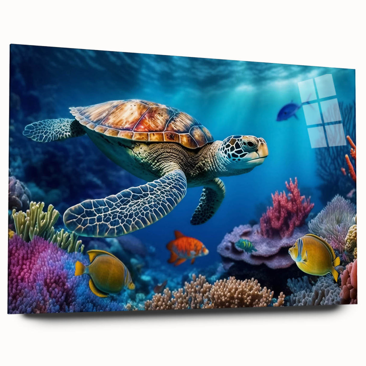 Side view of a marine life-themed wall art piece showcasing a vibrant turtle design, crafted from acrylic glass, ideal for ocean lovers' home decor.