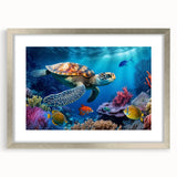 Framed wall art featuring a marine life turtle design in silver, showcasing vibrant colors and intricate details, perfect for ocean-themed decor.