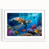 Framed wall art featuring a marine life turtle design, showcasing vibrant colors and intricate details, set against a white mat, perfect for ocean-themed decor.
