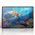 Framed wall art featuring a vibrant marine life design with a turtle, displayed in a sleek black frame, perfect for ocean-themed decor and enhancing living spaces.