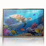 Framed wall art featuring a vibrant marine life design with a turtle, set in acrylic with a gold frame, ideal for ocean-themed decor and nature enthusiasts.
