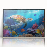 Framed acrylic wall art showcasing a vibrant marine life turtle design, featuring silver accents, perfect for ocean-themed decor in modern interiors.