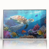 Framed wall art of a vibrant marine life design featuring a turtle, displayed in a sleek white frame, perfect for ocean-themed decor. Ideal for nature enthusiasts.
