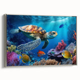 Framed wall art featuring a marine life design with a silver border, showcasing a detailed turtle illustration on a textured canvas. Ideal for ocean-themed decor.