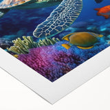 Colorful marine life wall art featuring a turtle design on rolled canvas, showcasing vibrant aquatic colors and intricate details, perfect for ocean-themed decor.