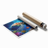 Vibrant wall art print showcasing a detailed marine life turtle design, featuring shades of blue and green, perfect for ocean-themed home decor, rolled for easy framing.