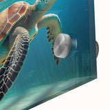Close-up of vibrant marine life wall art featuring a turtle design, printed on high-quality acrylic glass, showcasing intricate details and vivid colors. Ideal for ocean-themed decor.