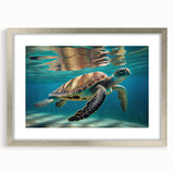 Marine life wall art featuring a beautifully designed turtle in a silver frame with matting, perfect for coastal decor enthusiasts and ocean lovers. The artwork showcases vibrant colors and intricate details, making it a stunning addition to any living space.