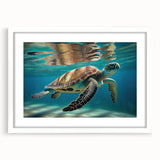 Framed wall art showcasing a vibrant marine life design featuring a turtle, displayed with a white mat and sleek frame, perfect for ocean-themed decor.