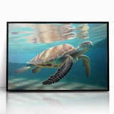 Framed acrylic wall art featuring a vibrant marine life design showcasing a turtle, set against a sleek black frame, perfect for ocean-themed decor.