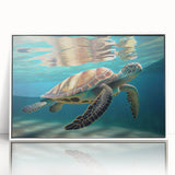 Framed acrylic wall art featuring a vibrant marine life turtle design, set against a white background, perfect for ocean-themed decor. Ideal for nature lovers.