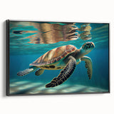Framed canvas wall art showcasing a vibrant marine life turtle design in vivid colors, set against a black background. Ideal for ocean-themed decor.