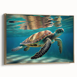Framed wall art featuring a vibrant marine life design of a turtle in gold tones, perfect for ocean-themed decor. Ideal for adding a coastal touch to any room.