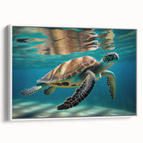 Framed canvas wall art showcasing a detailed marine life design featuring a serene turtle, set against a white backdrop, perfect for ocean-themed decor.