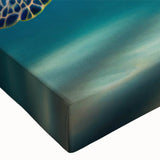 Close-up of a vibrant marine life wall art design featuring a colorful turtle on stretched canvas, showcasing intricate details and textures, perfect for ocean lovers.