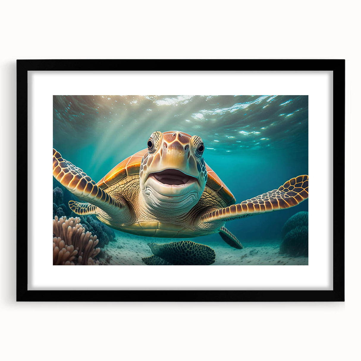 Black-framed wall art showcasing a vibrant marine life turtle design, featuring intricate details and vivid colors, perfect for ocean-themed decor.
