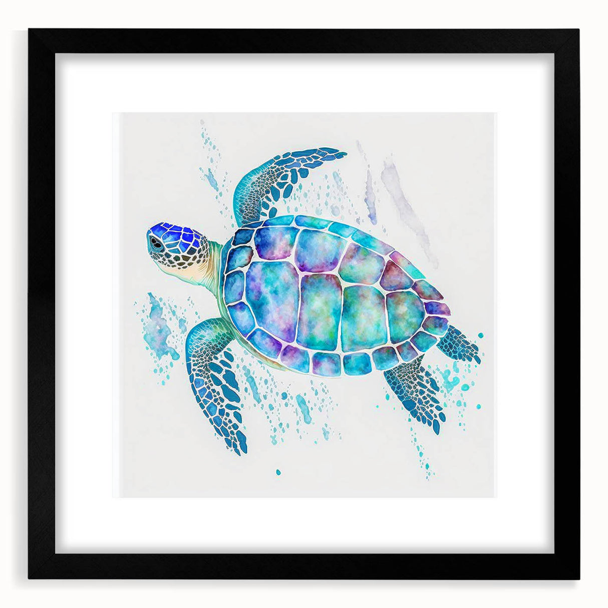 Black-framed wall art featuring a marine life turtle design, showcasing vibrant colors and intricate details, perfect for ocean-themed decor.