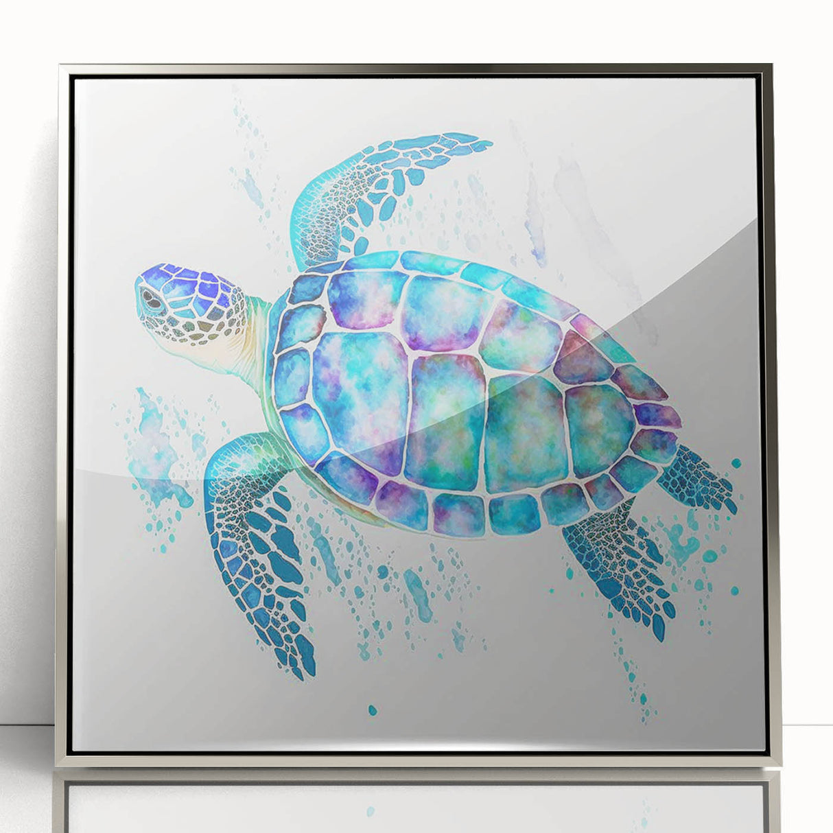 Framed acrylic wall art showcasing a vibrant marine turtle design, featuring intricate details and a silver frame, perfect for aquatic-themed decor.