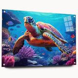 Colorful marine life wall art featuring a turtle design in a sleek acrylic glass frame, showcasing vibrant colors and intricate details. Ideal for ocean-themed decor.