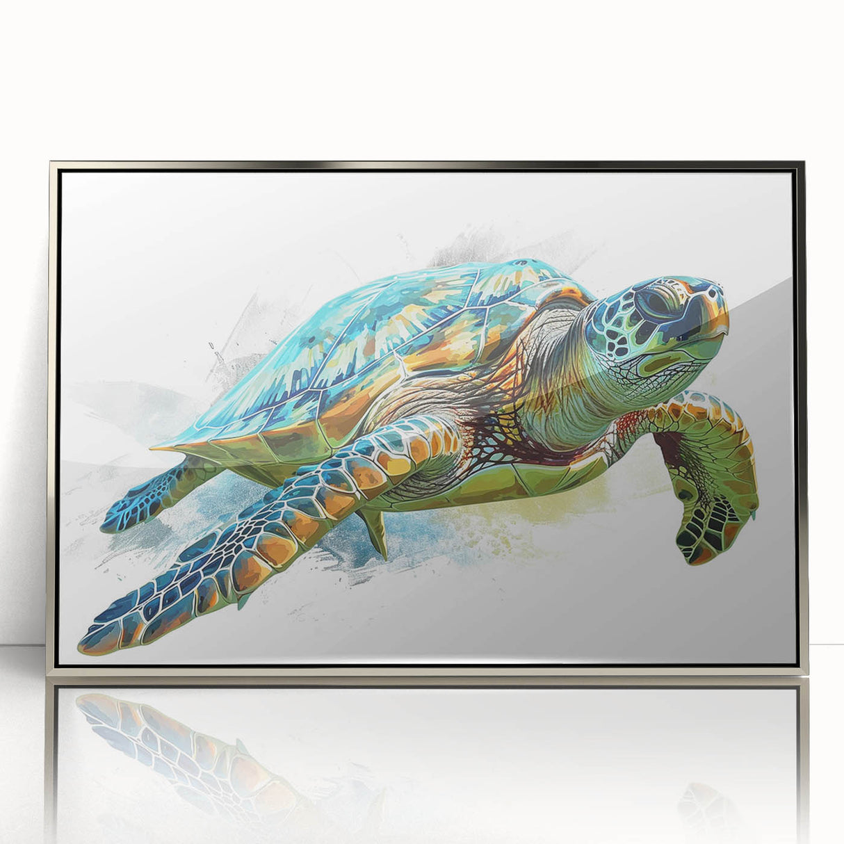 Framed wall art featuring a marine life design with a turtle, showcased in a sleek silver frame, ideal for ocean-themed decor and enhancing living spaces.