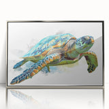 Framed wall art featuring a marine life design with a turtle, showcased in a sleek silver frame, ideal for ocean-themed decor and enhancing living spaces.