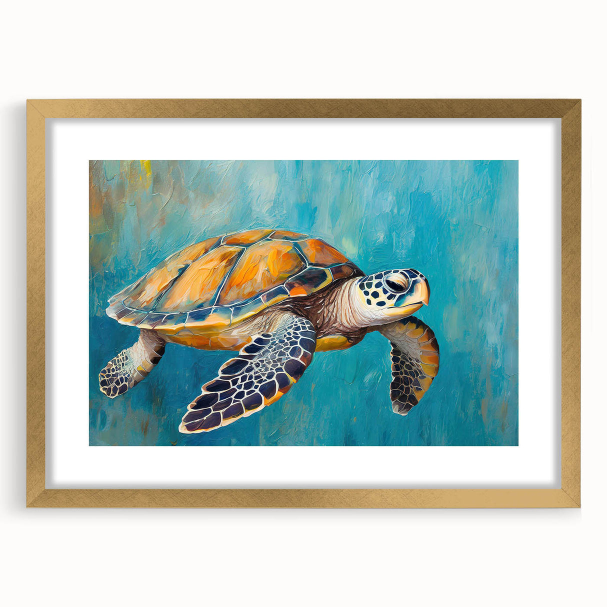Framed wall art featuring a vibrant marine life turtle design with gold accents, showcasing intricate details and a mat border, perfect for ocean-themed decor.