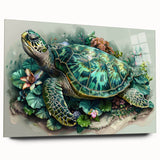 Acrylic glass wall art featuring a vibrant marine life turtle design, showcasing rich colors and intricate details, ideal for ocean-themed decor.