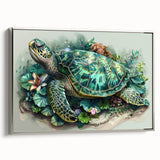 Framed canvas wall art featuring a marine life design with a turtle in vibrant colors against a soothing blue background, ideal for ocean-themed decor.