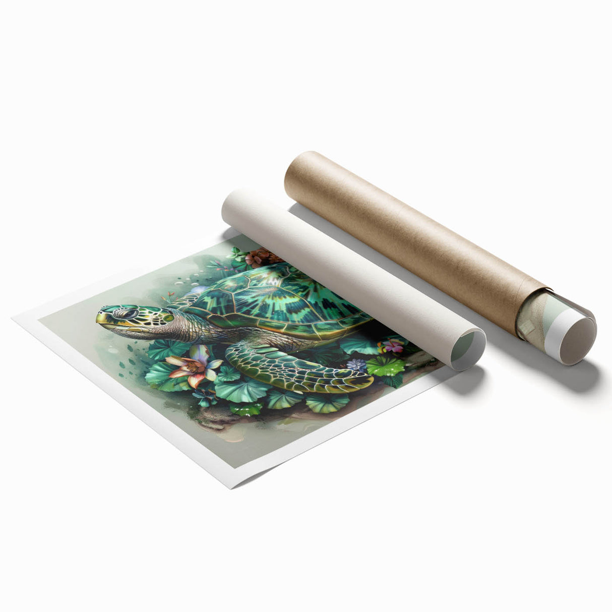 Colorful marine life wall art print featuring a graceful turtle design, ideal for ocean-themed decor, rolled and ready for framing to enhance any space.