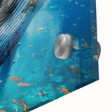 Close-up of a stunning acrylic glass wall art piece featuring a detailed design of a marine life whale, showcasing vibrant colors and intricate textures, perfect for ocean-themed decor.