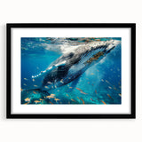Black-framed wall art showcasing a stunning whale design, perfect for marine life enthusiasts. The piece features vibrant colors and intricate details, enhancing any decor.