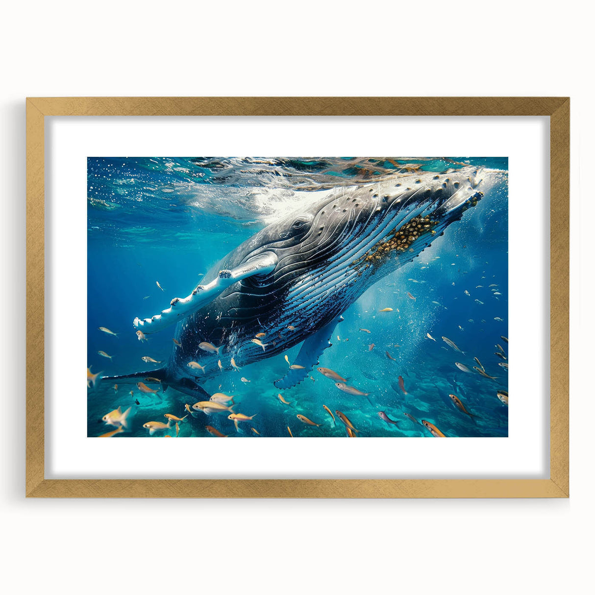 Golden-framed wall art showcasing a stunning marine life design featuring a whale, ideal for ocean-themed decor, with a sophisticated mat for a polished look.
