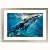 Framed wall art featuring a detailed marine life design showcasing a majestic whale in vibrant colors, elegantly set in a silver frame with a white mat, perfect for ocean-themed decor.
