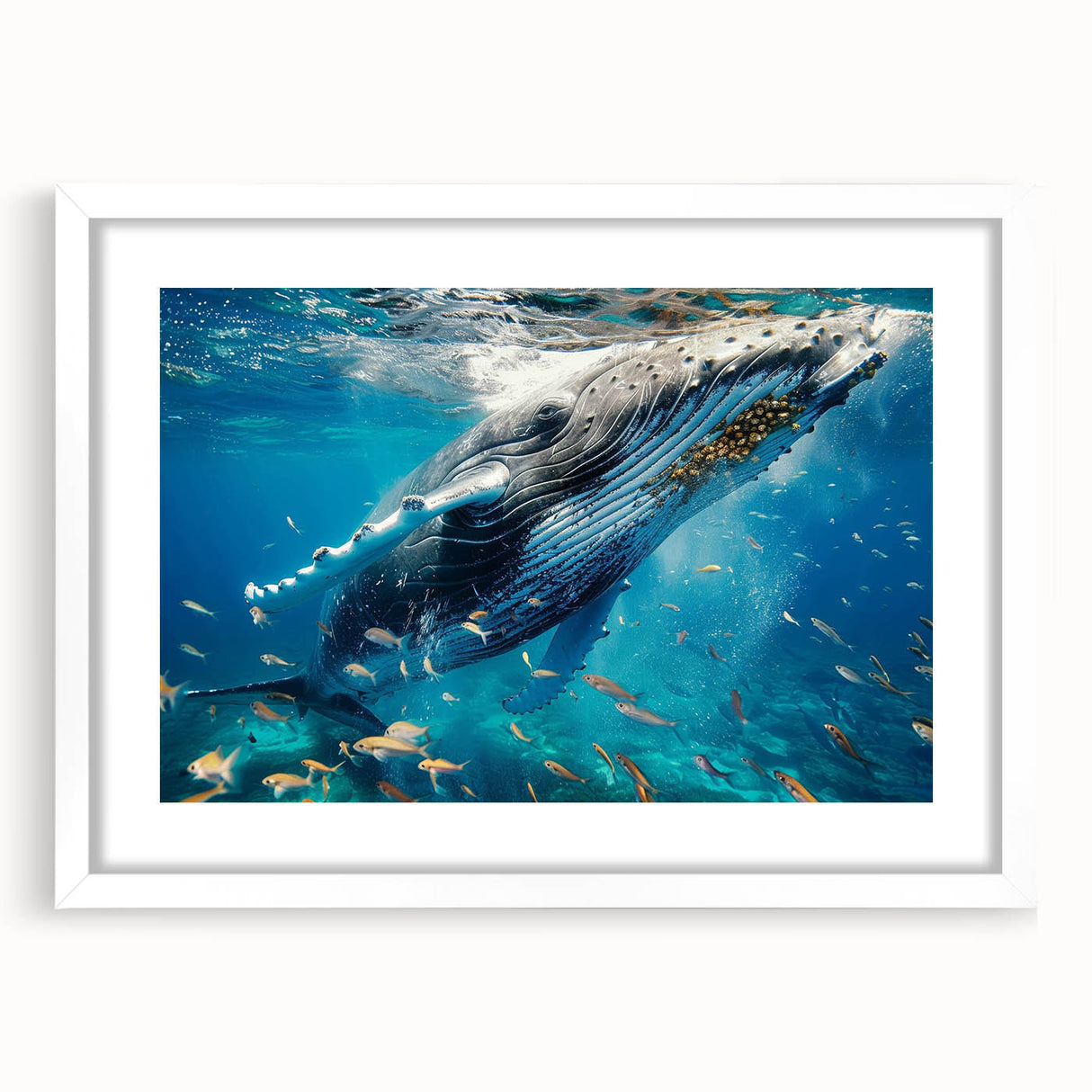 Framed wall art featuring a stunning marine life design of a whale, set against a crisp white mat, perfect for ocean-themed decor and enhancing any living space.