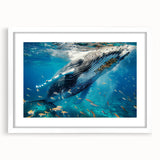 Framed wall art featuring a stunning marine life design of a whale, set against a crisp white mat, perfect for ocean-themed decor and enhancing any living space.
