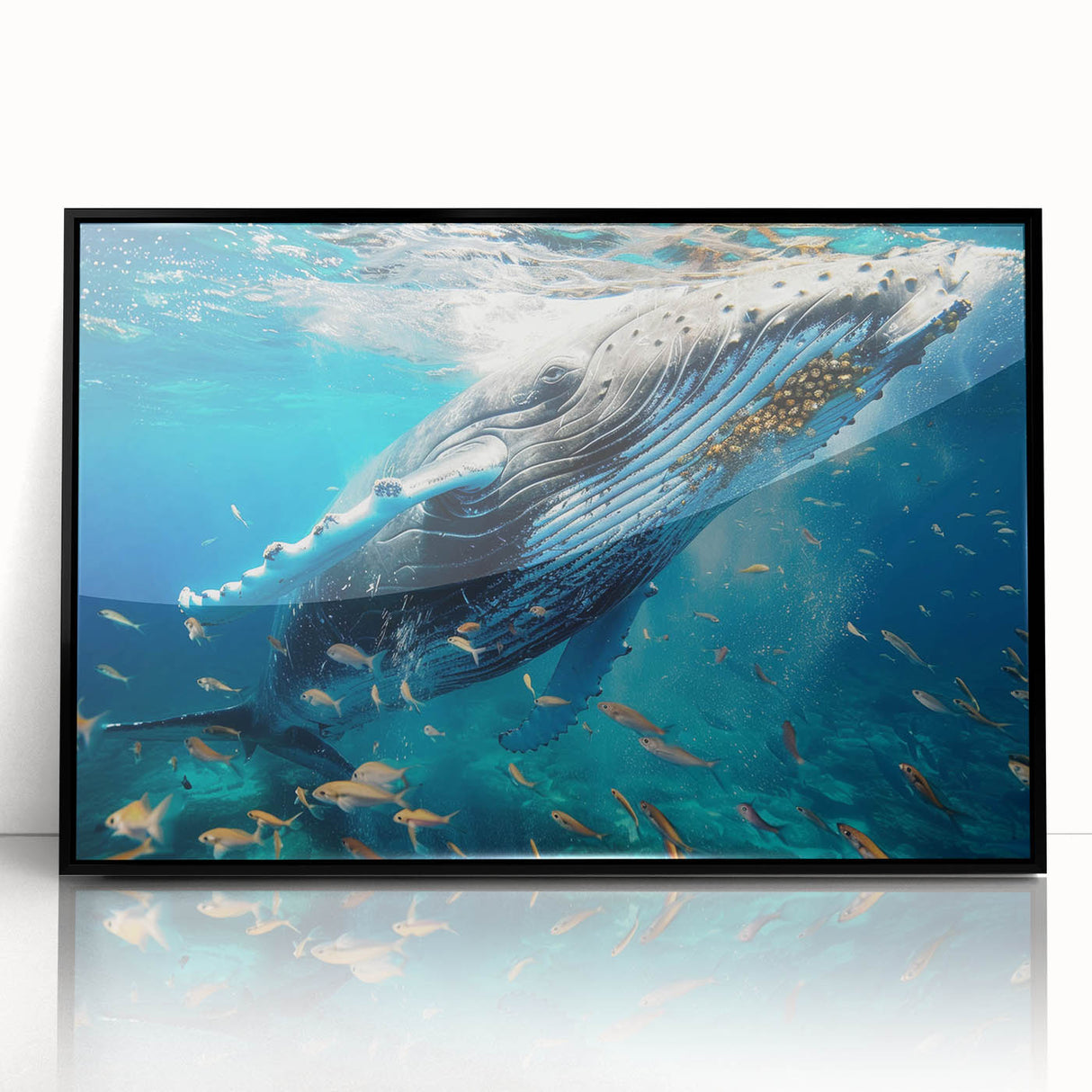 Framed wall art featuring a striking whale design, set against a black background, showcasing marine life in vibrant colors, perfect for ocean-themed decor.