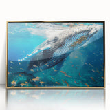 Framed wall art featuring a striking whale design, set in acrylic with a gold frame, showcasing vibrant marine life colors, perfect for ocean-themed decor.
