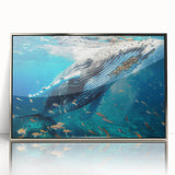 Framed wall art featuring a detailed design of a whale, showcasing vibrant marine life colors with a sleek silver frame, perfect for ocean-themed decor.