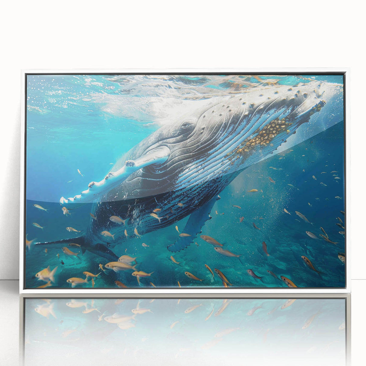 Framed acrylic wall art featuring a stunning marine life design with a whale, showcasing intricate details and vibrant colors against a white background, perfect for ocean-themed decor.