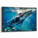 Framed canvas wall art showcasing a striking marine life design with a whale, featuring a black frame and side view, perfect for ocean-themed decor.