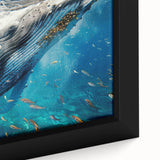 Close-up of a framed canvas wall art piece showcasing a detailed whale design, featuring vibrant blues and greens that evoke marine life aesthetics, perfect for ocean-themed decor.