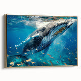Framed wall art featuring a gold-accented design of a majestic whale, showcasing intricate marine life details against a serene ocean backdrop. Perfect for ocean lovers and home decor enthusiasts.