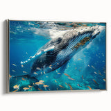 Framed canvas wall art featuring a serene silver whale design swimming gracefully, showcasing intricate details and vibrant colors, perfect for marine life enthusiasts.