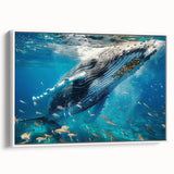 Framed canvas wall art showcasing a serene whale design in shades of blue and white, perfect for marine-themed decor, enhancing any living space with tranquility.