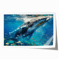 Whale-themed wall art print featuring vibrant marine life design in shades of blue and green, rolled for easy shipping and display in home decor.