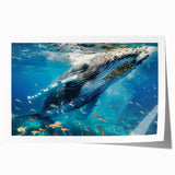 Whale-themed wall art print featuring vibrant marine life design in shades of blue and green, rolled for easy shipping and display in home decor.