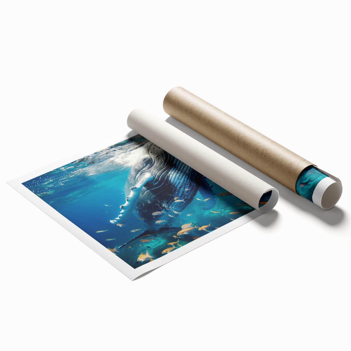 Whale-themed wall art print showcasing vibrant marine life design with intricate details, rolled for easy framing, perfect for ocean lovers and decor enthusiasts.
